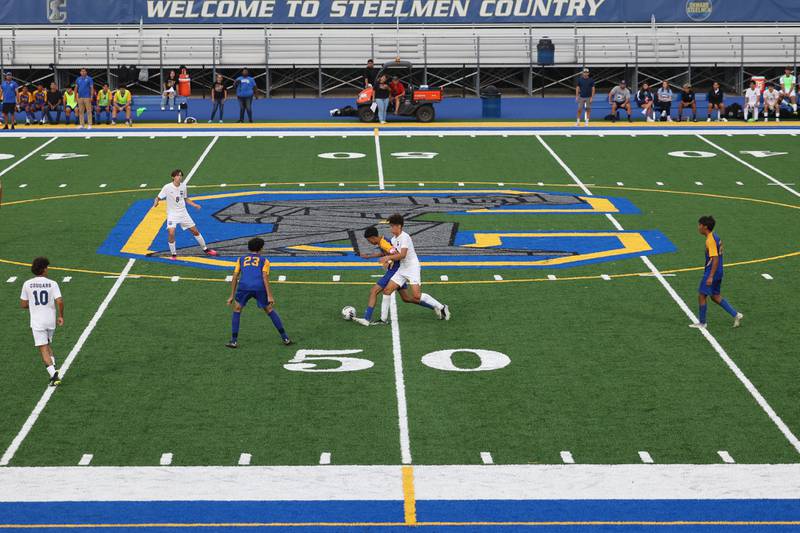 Joliet Central varsity soccer record the school first win on the school new field against Plainfield South on Tuesday, Sept. 5, 2023 in Joliet.