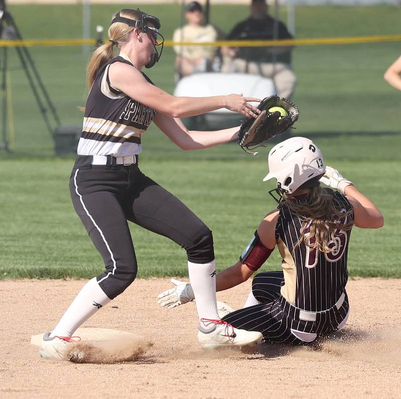 Morris' Addison Stacy slides around the tag of Sycamore's Keera Trautvetter during their game Wednesday, May 10, 2023, at Sycamore High School.