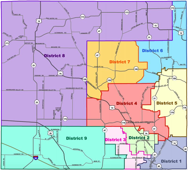 The McHenry County Board will meet as a Committee of the Whole at 9 a.m. Thursday, May 27, to hold a public hearing on the county's redistricting plan. This map is how the County Board is considering dividing up to the county. Each district would be represented by two members.