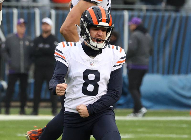 Chicago Bears place kicker Cairo Santos celebrates after tying the game with a field goal as time expired in their game against the Minnesota Vikings Sunday, Nov. 24, 2024, at Soldier Field in Chicago.