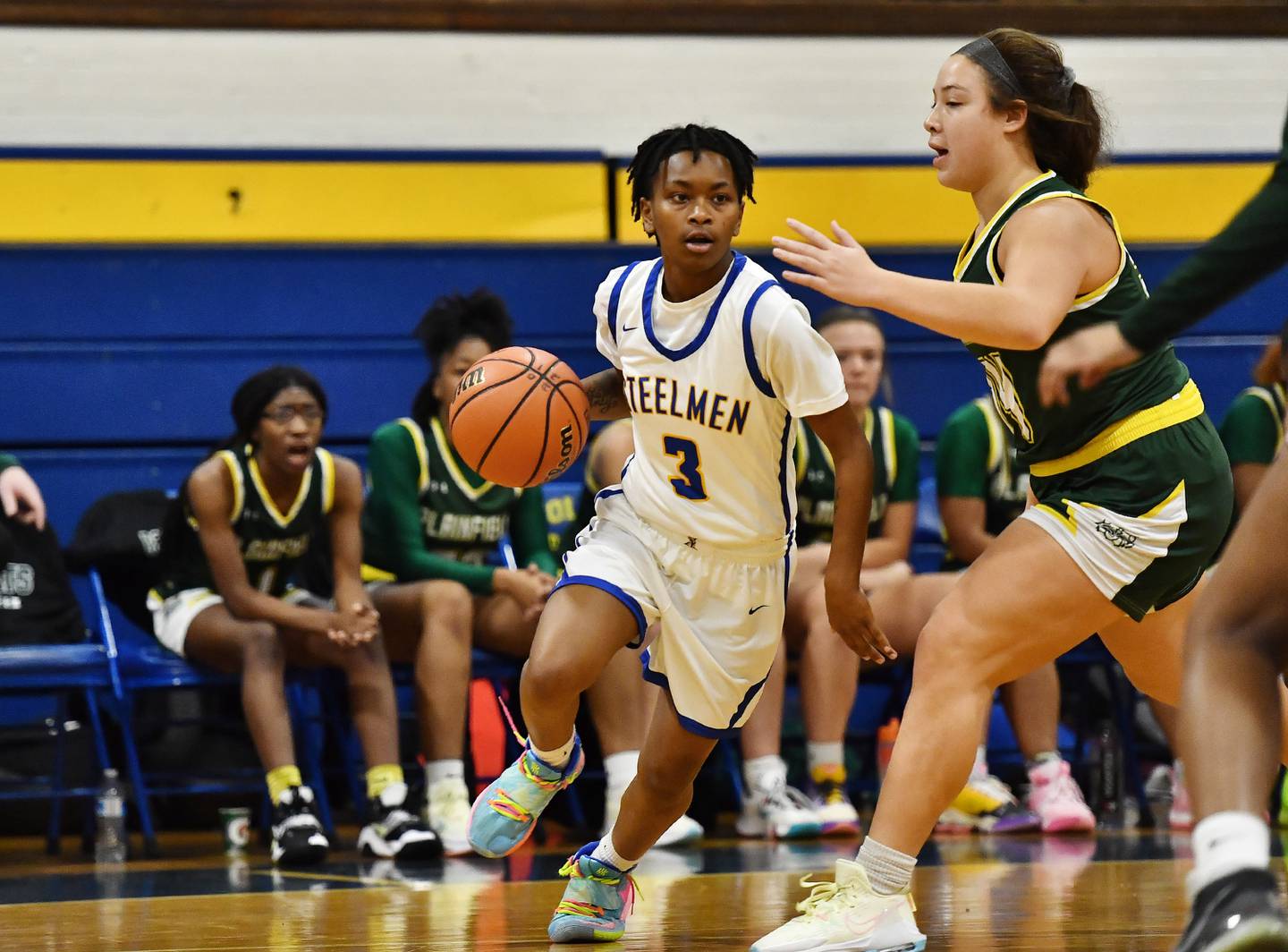 Joliet Central's Sakia Pruitte (3) drives to the basket during the SPC Conference game on Friday, Dec. 16, 2022, at Joliet.
