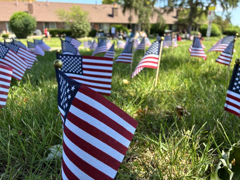A field of flags at Crystal Lake's Union Cemetery on Monday, May 25, 2026, represents the 1.2 million service men and women who have died in battle since the Revolutionary War.