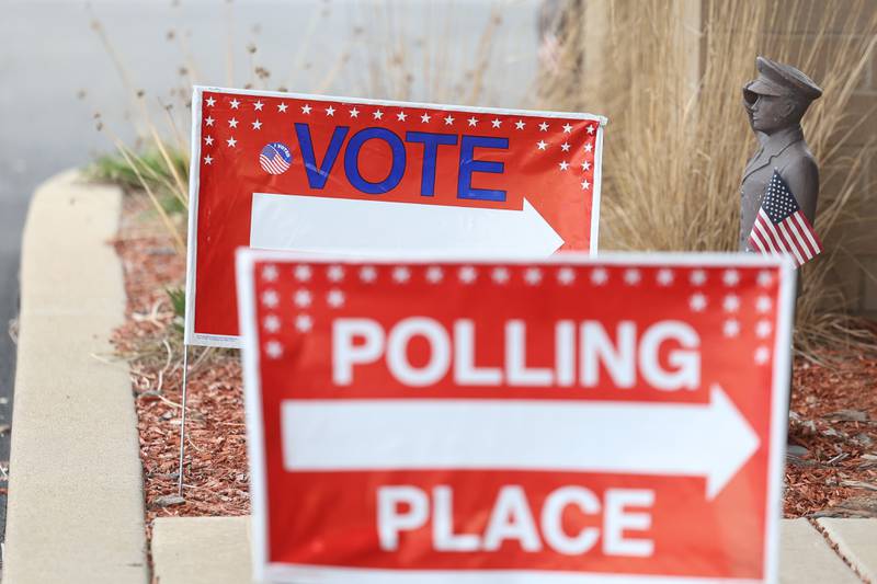 Polling signs sit outside at the American Legion Post 1080 on Tuesday, April 4, 2023 in Joliet.