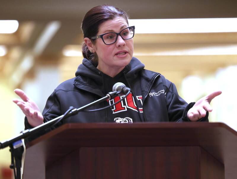 Guest speaker Mindi Robles, a sexual assault nurse examiner, talks Tuesday, April 2, 2024, during Take Back the Night at the Egyptian Theatre in DeKalb. The event, hosted by Safe Passage, is in honor of Sexual Assault Awareness Month and featured speakers and a march.