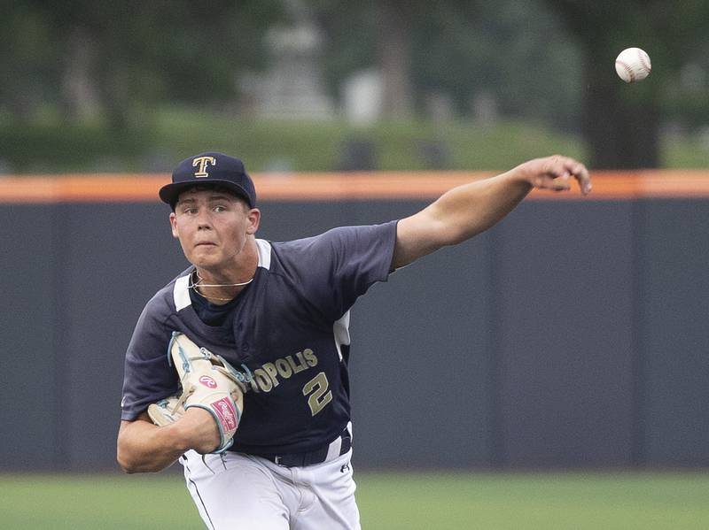 Teutopolis’ Davin Worman fires a pitch against Newman Friday, June 6, 2025, during the Class 2A state semifinal at Illinois Field in Champaign.