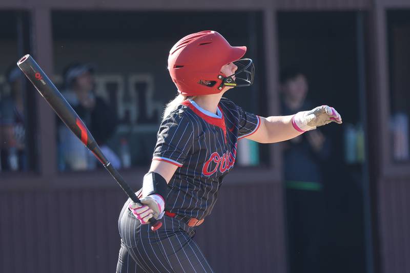 Ottawa’s Kennedy Kane drives in a run against Morris on Wednesday, April 8, 2026 in Morris.