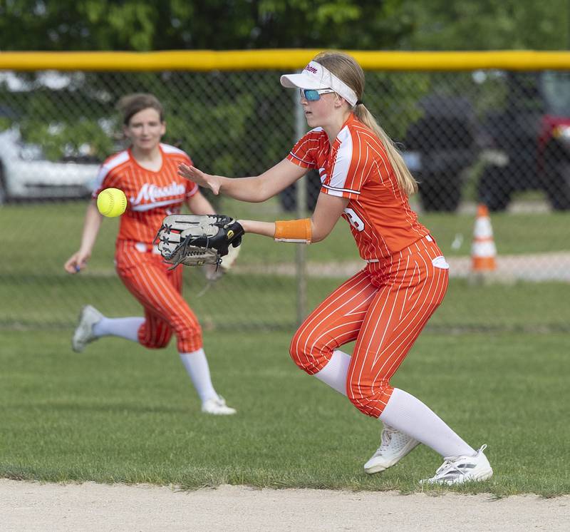 Milledgeville’s Kennedy Livengood fields a ball against Morrison Tuesday, May 13, 2025.