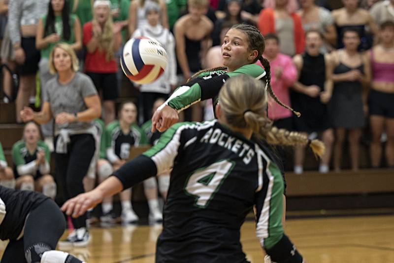 Rock Falls’ Elizabeth Lombardo passes the ball against Newman Thursday, Oct. 26, 2023 in the class 2A regional finals at Riverdale.