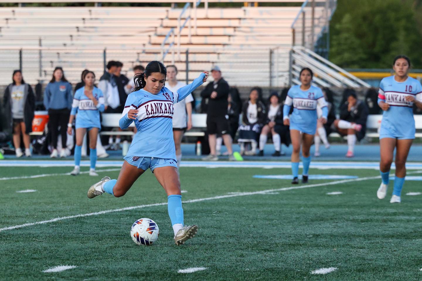 Kankakee's Alexsandra Quintanar sends a pass forward during the Kays' 3-1 loss to Oak Forest in the IHSA Class 2A Kankakee Regional championship on Friday, May 23, 2025.