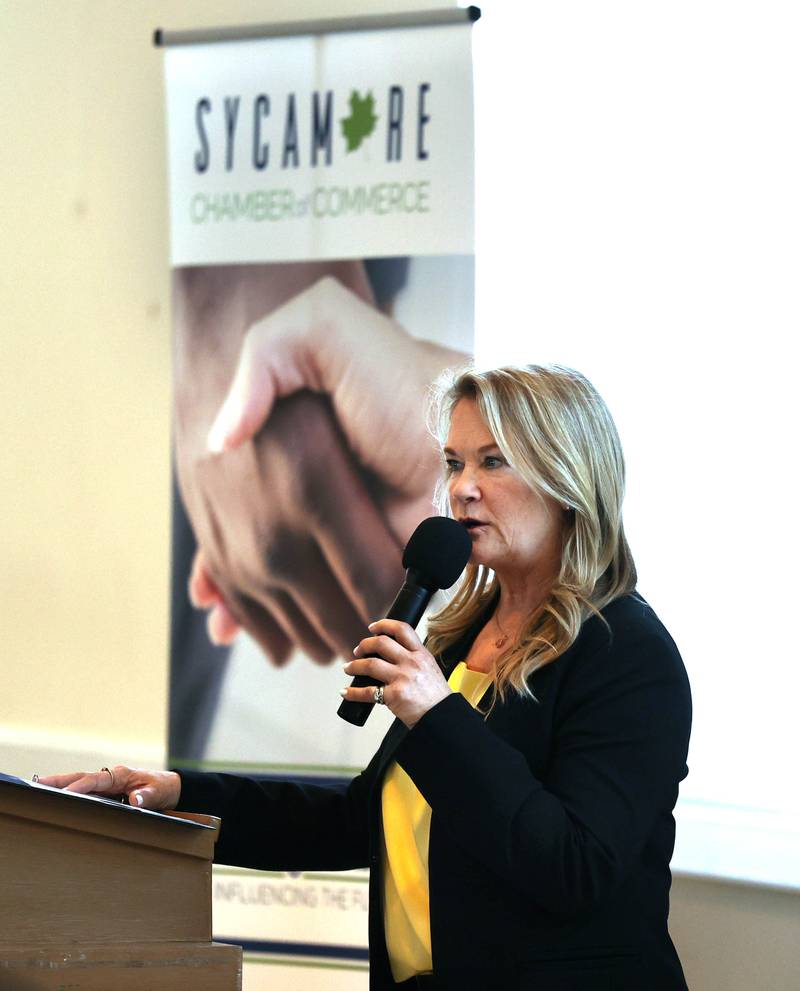RoseMarie Treml, executive director of the Sycamore Chamber of Commerce, welcomes attendees to the chamber’s annual meeting Thursday, March 6, 2025, at St. Mary's Catholic Church in Sycamore.
