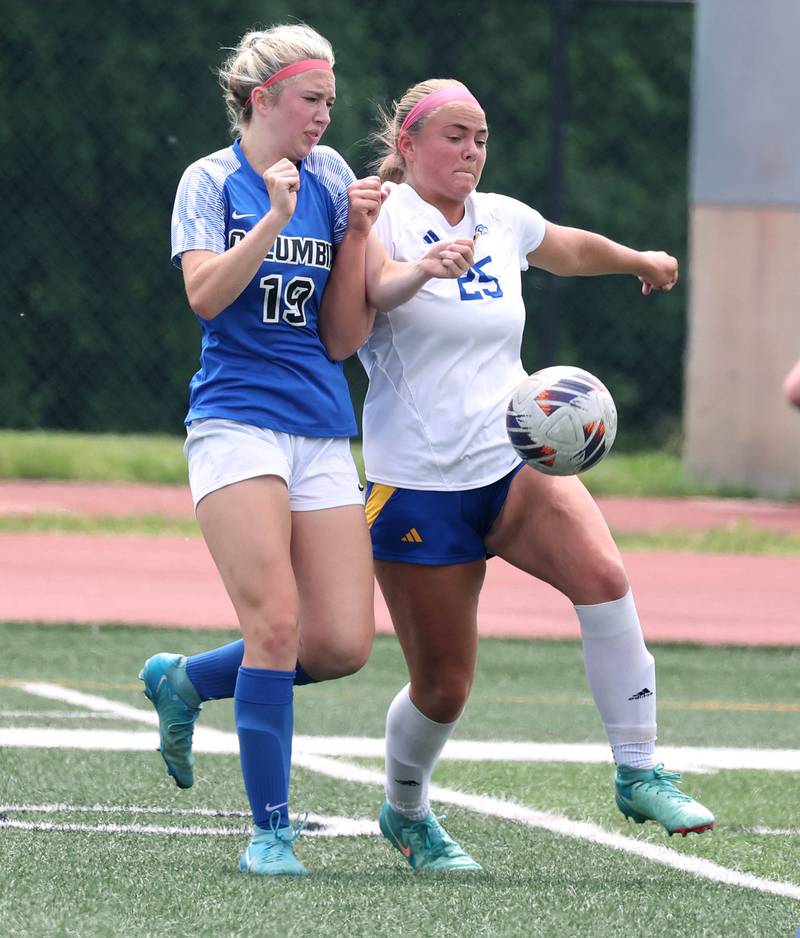 Johnsburg's Jacquelyn Douglas (right) and Columbia's Alaina Rains go after the ball Saturday, June 7, 2025, during the IHSA Class 1A state championship game at North Central College in Naperville.