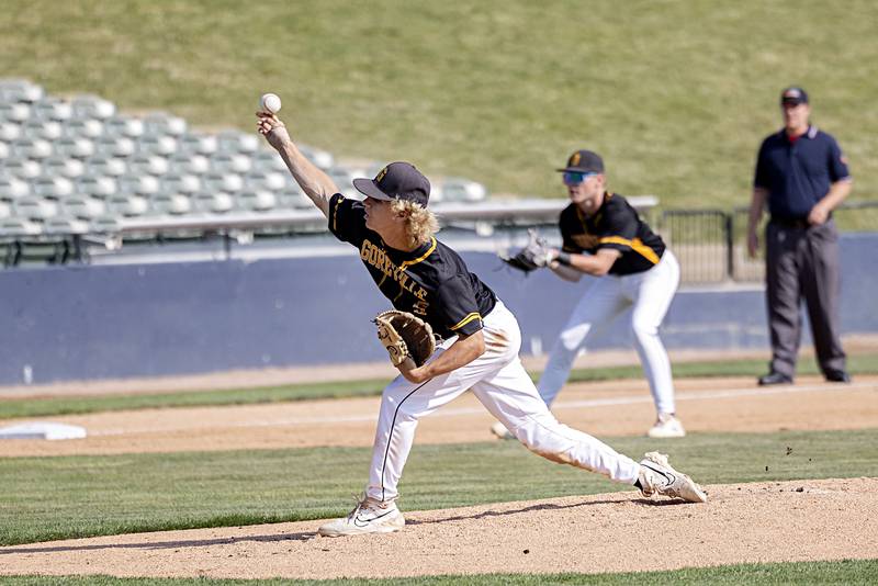 Goreville’s Hunter Francis fires a pitch against Newman Saturday, June 3, 2023 during the IHSA class 1A third place baseball game.