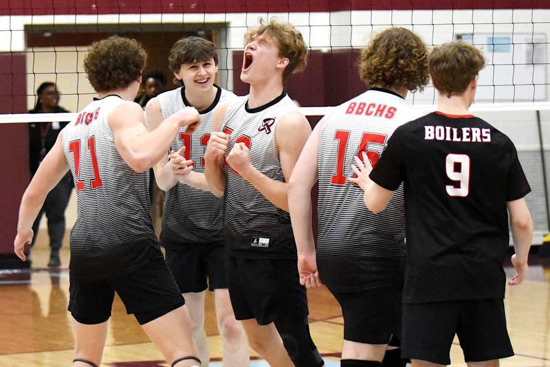 Bradley-Bourbonnais' Gavin Sikora, center, lets out a celebratory scream after the Boilermakers' 2-1 All-City victory at Kankakee Thursday, April 10, 2025.