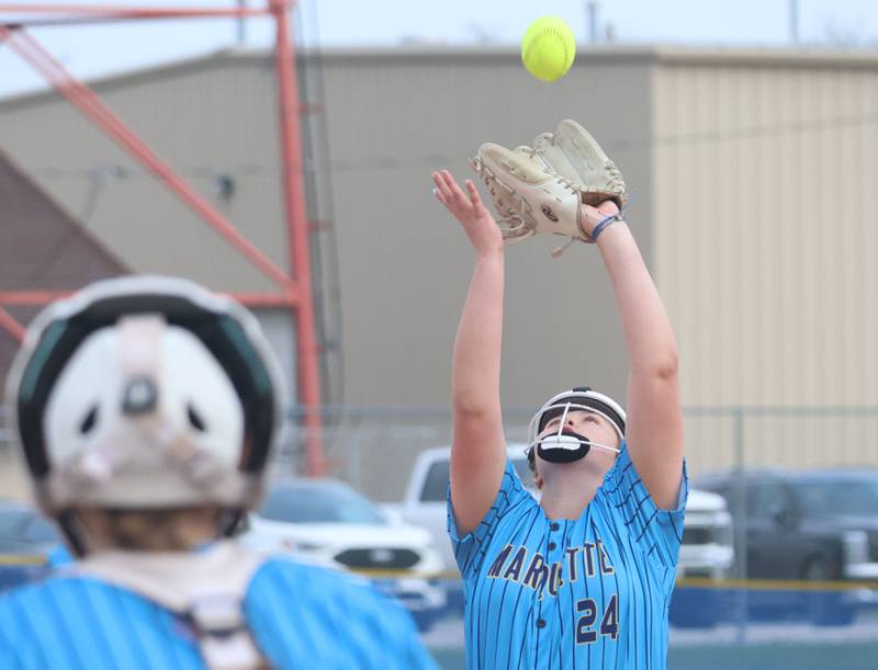 Marquette's Lily Brewer makes a catch on the infield on Wednesday, March 25, 2026 at June Gross Field in Ottawa.