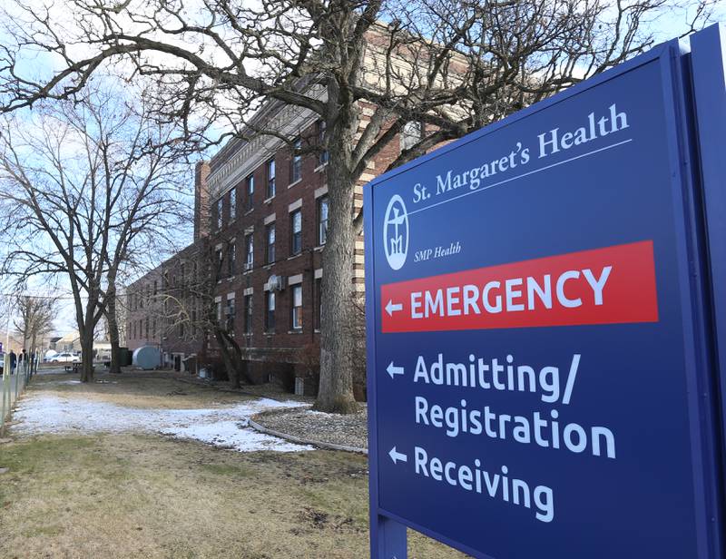 A sign points to the emergency department at St. Margaret's Health on Monday, Jan. 23, 2023 in Peru.