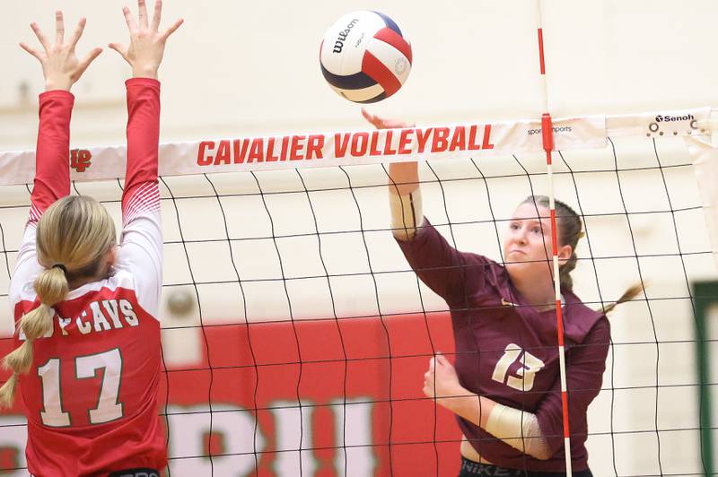 Morris's Tessa Shannon gets the ball past L-P's McKenzie Krzyaniak during the Class 3A Sectional semifinal game on Tuesday, Nov. 4, 2025 in Sellett Gymnasium at L-P High School.