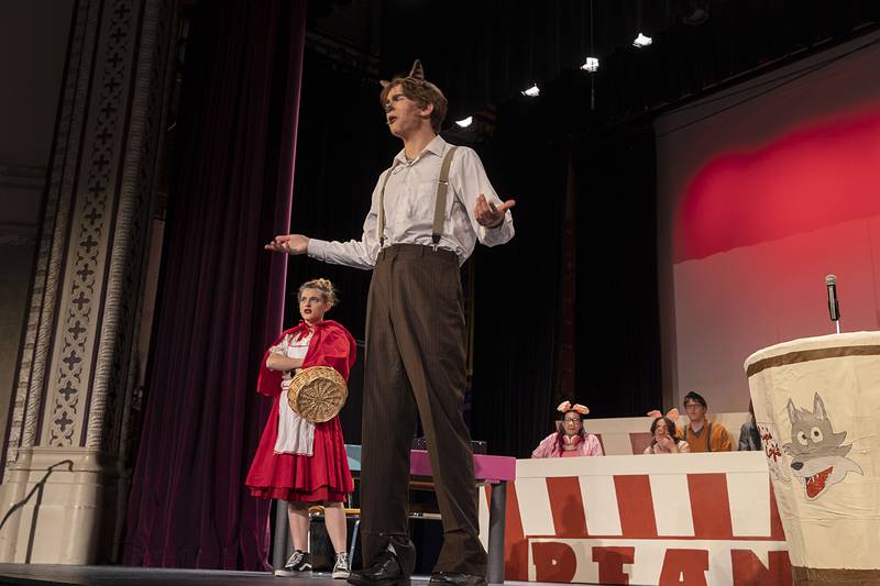 James Cocar as the Big Bad Wolf pleads his case while standing accused by Oliver Payne's Little Red Riding Hood in a scene from Dixon High School’s rendition of "Fairy Tale Courtroom." The rehearsal was Tuesday, Nov. 1, 2022.