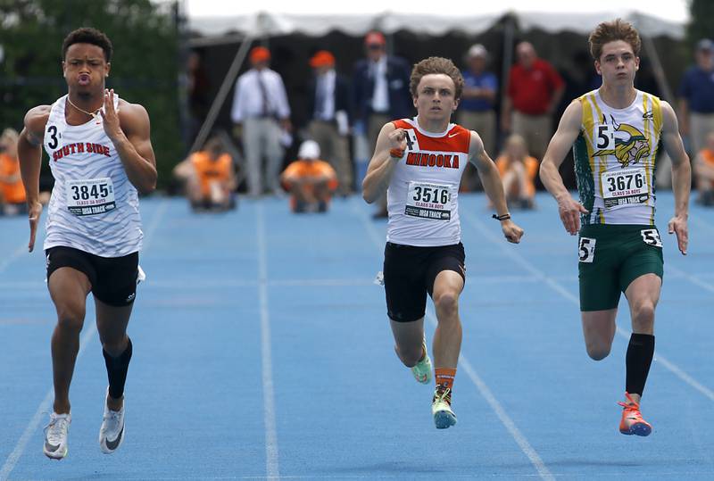 Wheaton’s Reece Young, Minooka’s Tyler Colwell, and Fremd Will Stewart compete in the 100 meter dash during the IHSA Class 3A State  Track and Field Championships Saturday, May 28, 2022, at Eastern Illinois University in Charleston.