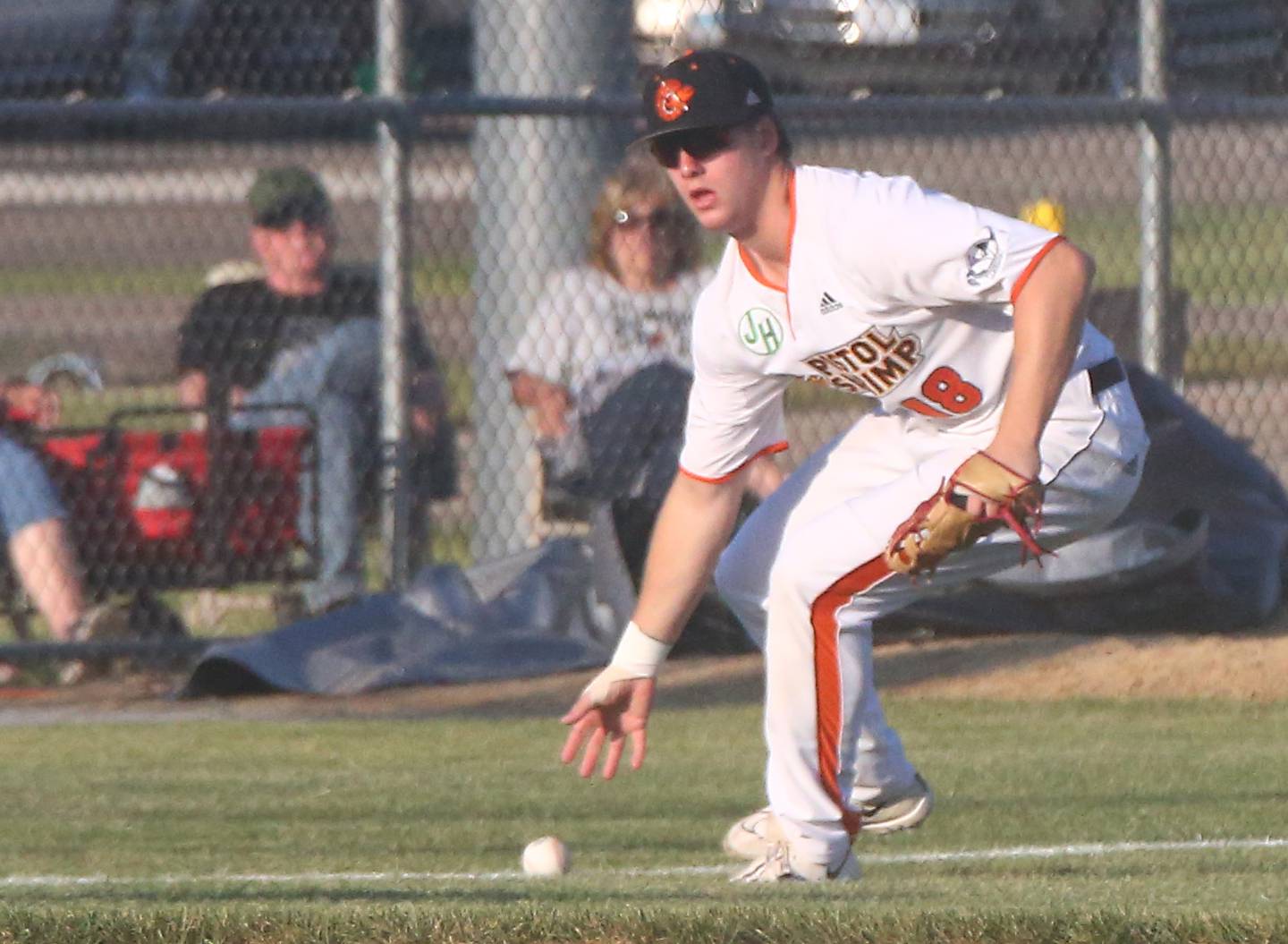 Pistol Shirmp's Luke Adams fields a ground ball in Schweikert Stadium at Veterans Park on Monday, June 27, 2022 in Peru.