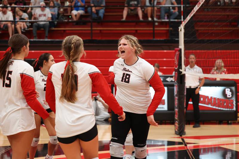 Bradley-Bourbonnais' Elena Shold celebrates earning a point over Manteno during the Panthers' victory in three sets, 25-21, 23-25, 25-17, over the Boilermakers on Monday, Sept. 15, 2025.