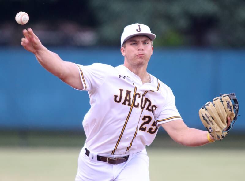 Jacobs’ Christian Graves makes an offering against Huntley in Class 4A Sectional baseball action at Carpentersville Wednesday.