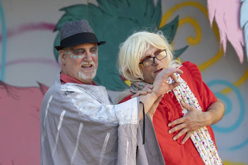 Cast members for PACT’s rendition of “The Seussification of a Midsummer Night’s Dream,” rehearse a scene Wednesday, July 9, 2025, at Louise Quick Park in Polo.