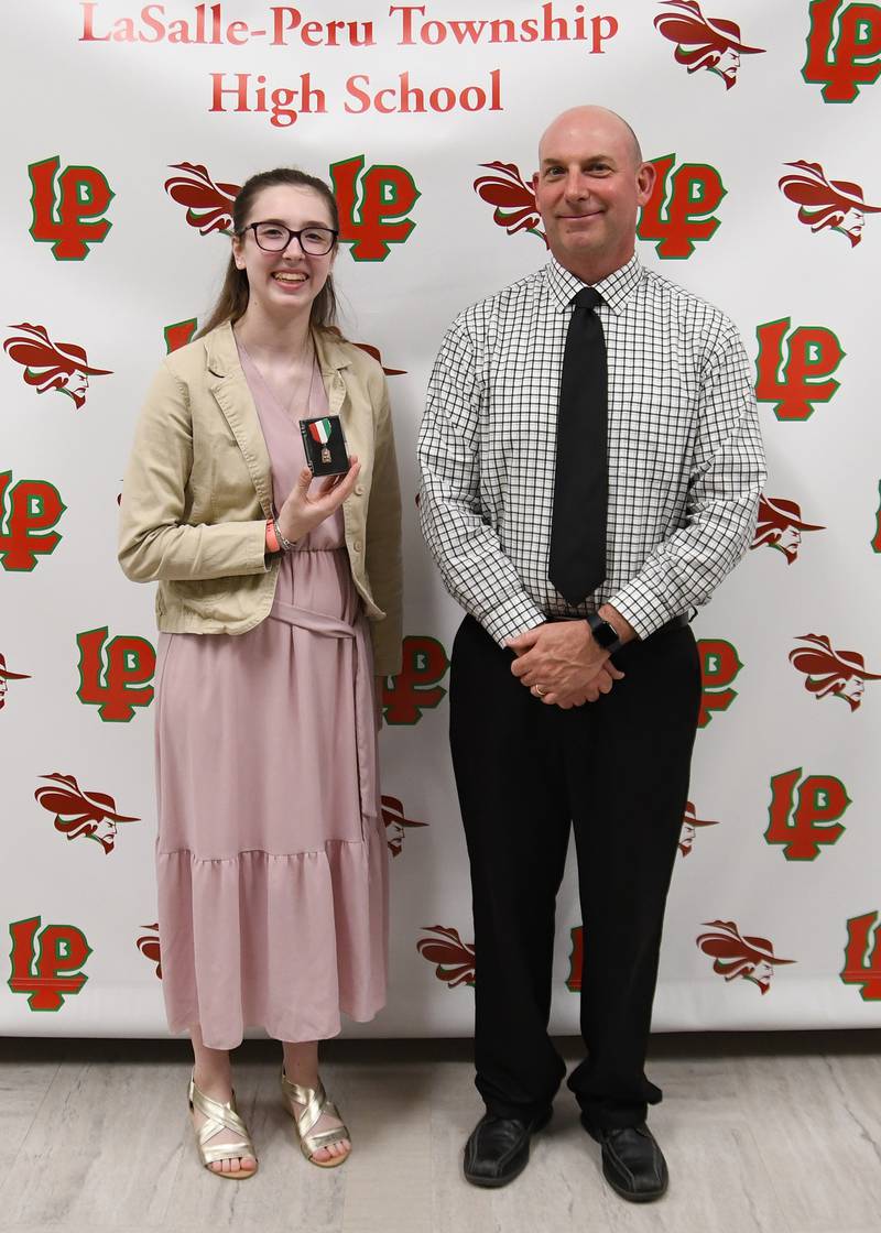 Christine Ricci (left) received the 2023 Knights of Columbus U.S. History Award at La Salle-Peru High School.