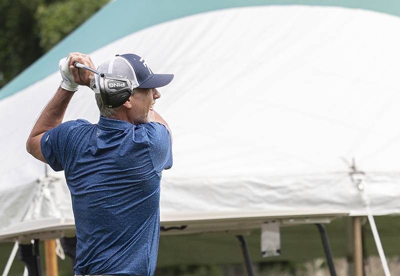 Trent Eddy tees off on #1 Sunday, July 21, 2024 during the final round of the 102nd Lincoln Highway golf tournament. The tournament was held at Emerald Hill in Sterling.