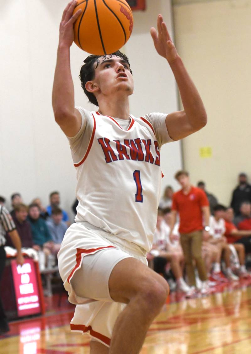 Oregon's Benny Olalde (1) drives to the basket for a layup against South Beloit on Monday, Nov. 24, 2025 during the Oregon Boys Basketball Thanksgiving Tournament in Oregon.