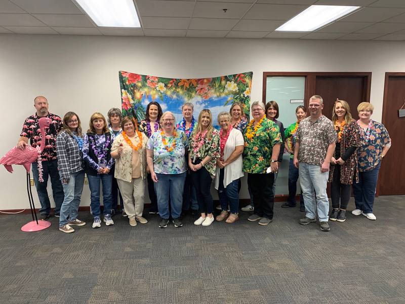 Hawaiian shirt day (front row, l to r): Tonia Balensiefen, Bernie Wise, Linda Bickett, Sharon Coomer, Cassidy Blake, Greta Frazier, Chris Merkel, Patrick Wilson, Kylee Schuetz (back row, l to r): Rob Balensiefen, Tammy Prusak, Tonya Keller, Gayle Little, Kimberly Wittenauer, Abby Ptak, Christine Fundell, Sharon Beaber