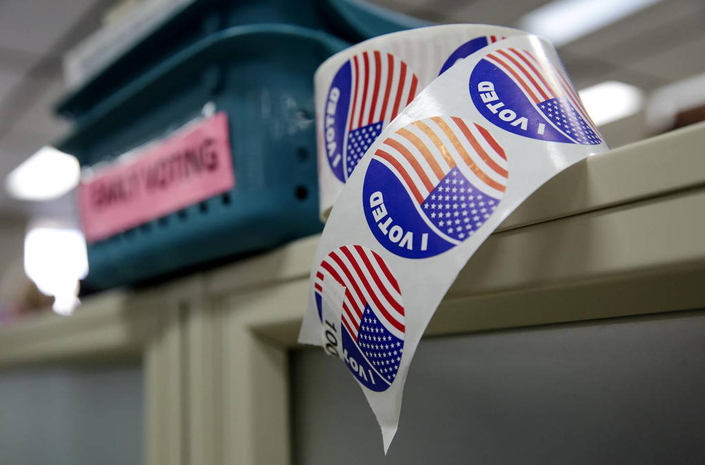 A roll of "I Voted" stickers sit behind a counter at the Will County Clerk's Office on Monday, Nov. 7, at the Will County Office Building in Joliet.
