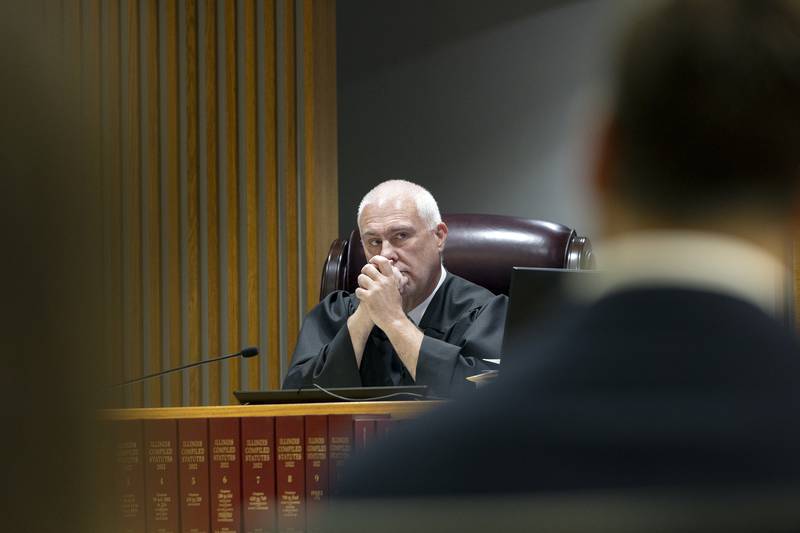 Whiteside County Circuit Court Judge James Heuerman listens to a victim impact statement Thursday, May 22, 2025, during the plea deal hearing for Kyle Cooper at the Whiteside County Courthouse in Morrison. Cooper pleaded guilty to a lesser charge of second-degree murder for the Feb. 14 fatal stabbing of Daniel J. Gordon.