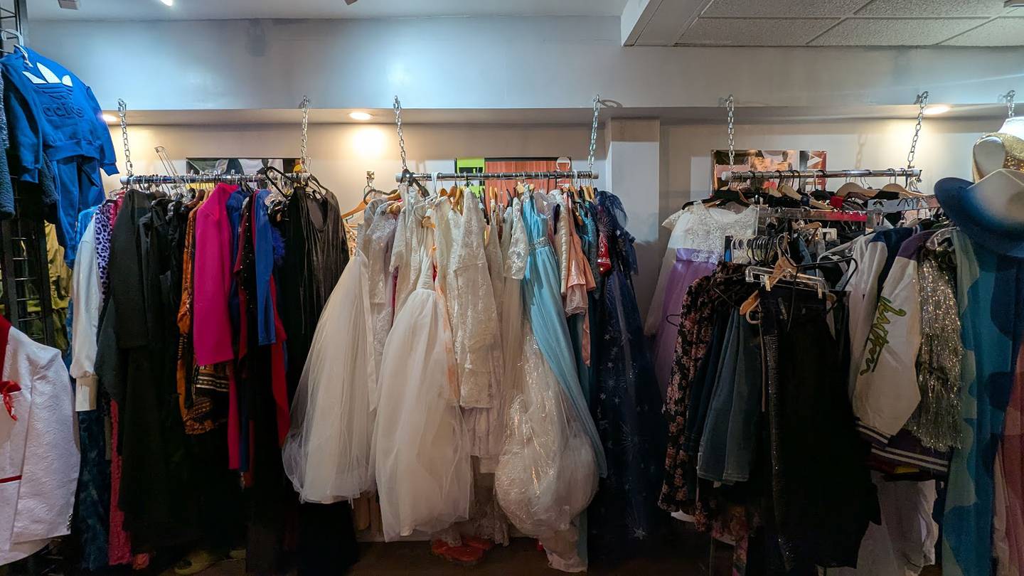Fashionable clothing hangs from racks at Candy Kouture in Joliet on Tuesday, Feb. 25, 2025.