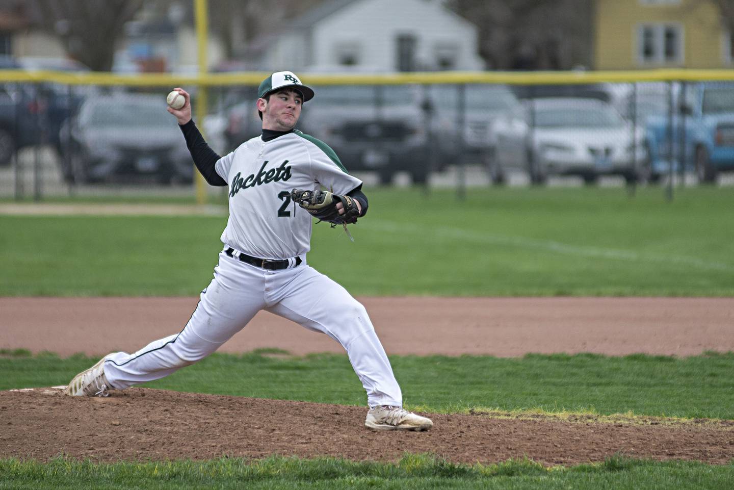 Rock Falls’ Brady Richards fires a pitch Monday, April 25, 2022 against Oregon.