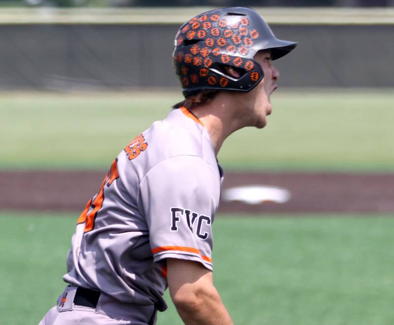 McHenry’s Kyle Maness reacts as his base hit falls safely as the Warriors rally against Barrington in IHSA Class 4A Sectional Title Game baseball action at McHenry High School in McHenry on Saturday, June 7, 2025.