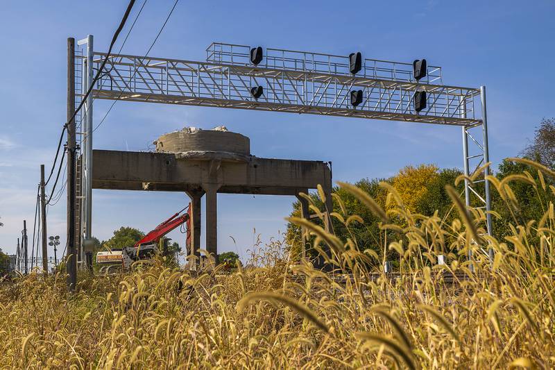 Demolition on the tower as seen Wednesday, Sept. 17, 2025, in Nelson is expected to take two weeks. The concrete tower replaced a wooden one that was wrecked by a tornado in the ’40’s.