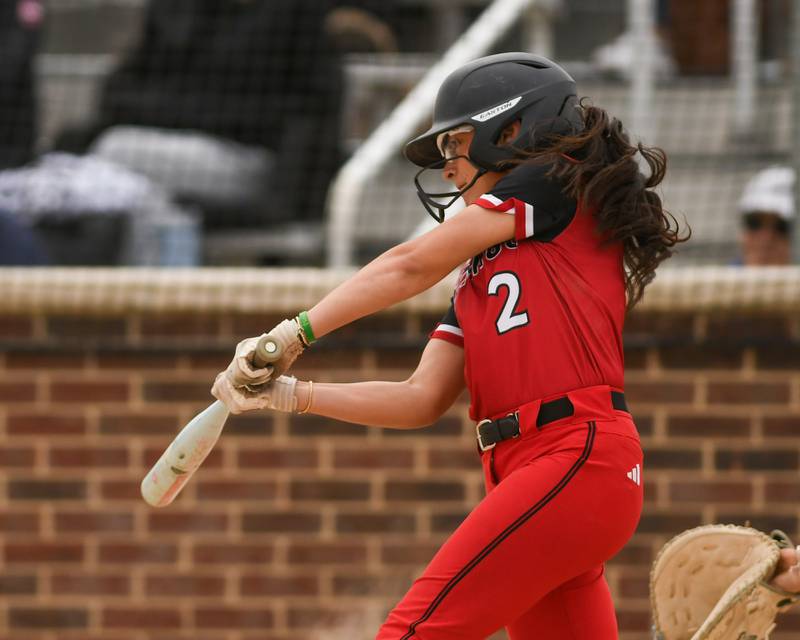 Benet Academy's Despina Patos (2) makes contact with the ball during the regional final game against Oswego on Friday May 22, 2026, where the game was played at Oswego High School.