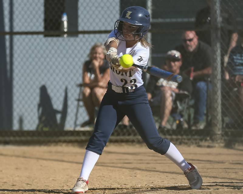 Lemont's Alyssa Demaio (23) swings at a pitch during Class 3A Joliet Catholic Sectional final game between Marian Catholic at Lemont.  June 3, 2022.