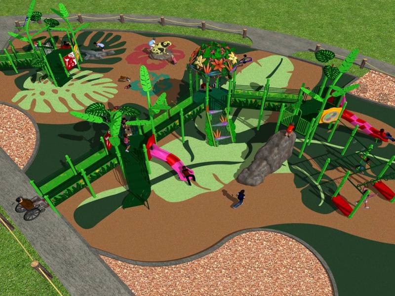 Renderings of creative thematic structures that could be part of a new inclusive playground the city hopes to build in 2023 at Emricson Park in Woodstock.