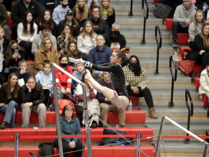 DeKalb’s Madeline Kees competes on the Uneven Parallel Bars during the IHSA Girls Gymnastics State Finals Saturday February 19, 2022 at Palatine High School.