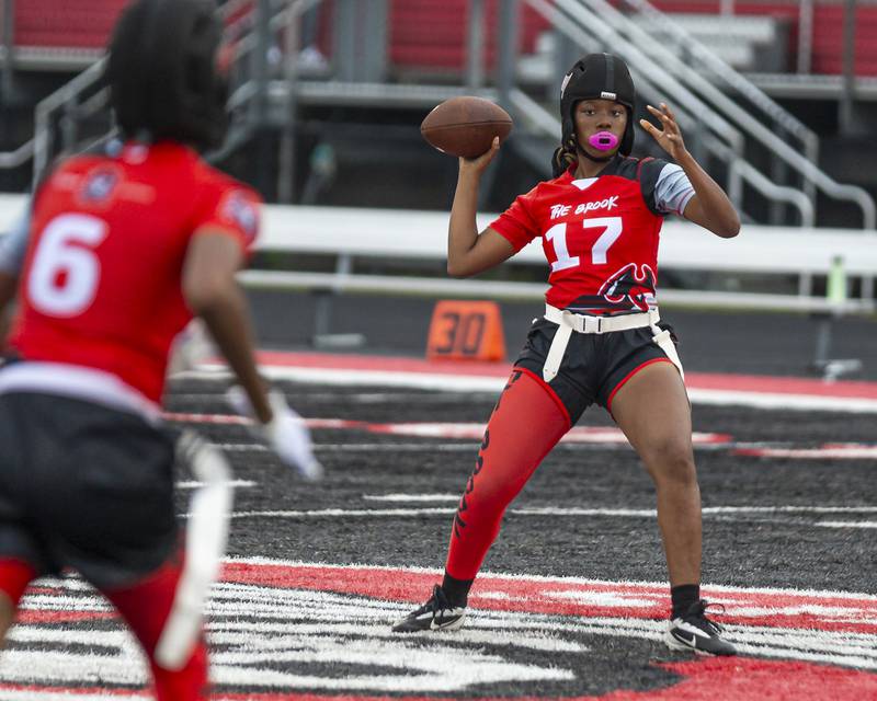 Bolingbrook's Janiya Frazier (17) looks to pass to Kennedy Williams (6) during flag football game between Plainfield Central at Bolingbrook Wednesday, Sept 3, 2025  in Bolingbrook.