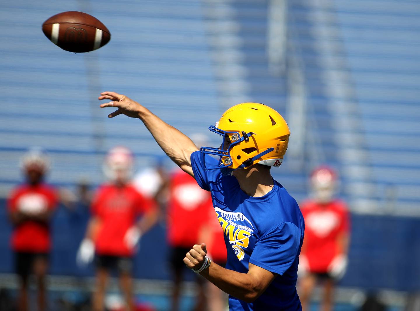 Lyons Township quarterback Joey Antonietti throws the ball during a 7-on-7 tournament hosted by Lyons Township on Thursday, July 1, 2021. York, Wheaton Warrenville South and Marist also participated in the tournament.