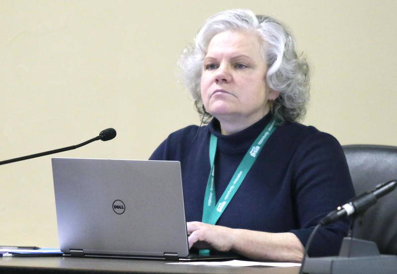 DeKalb City Clerk Lynn Fazekas takes notes during a Feb. 10 Committee of the Whole meeting at the DeKalb Municipal Building.