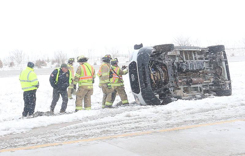 Oglesby Fire and EMS work the scene of a one-vehicle crash in the median near milepost 35 between Illinois Route 251 and Illinois Route 71 exits on Monday, March 16, 2026 near Oglesby. One person was entrapped and escaped with no injuries.