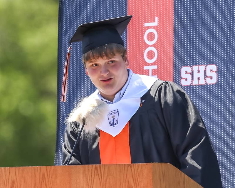 Class President Jackson Heilemeier speaks during the Sandwich High School Graduation ceremony Sunday, May 18, 2025 in Sandwich.