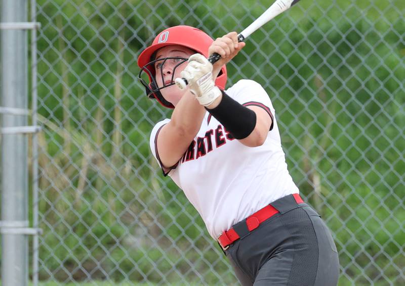 Ottawa’s Aubrey Sullivan watches as her double sails over the left fielders head during their game against Sycamore Thursday, May 2, 2024, at Sycamore High School.