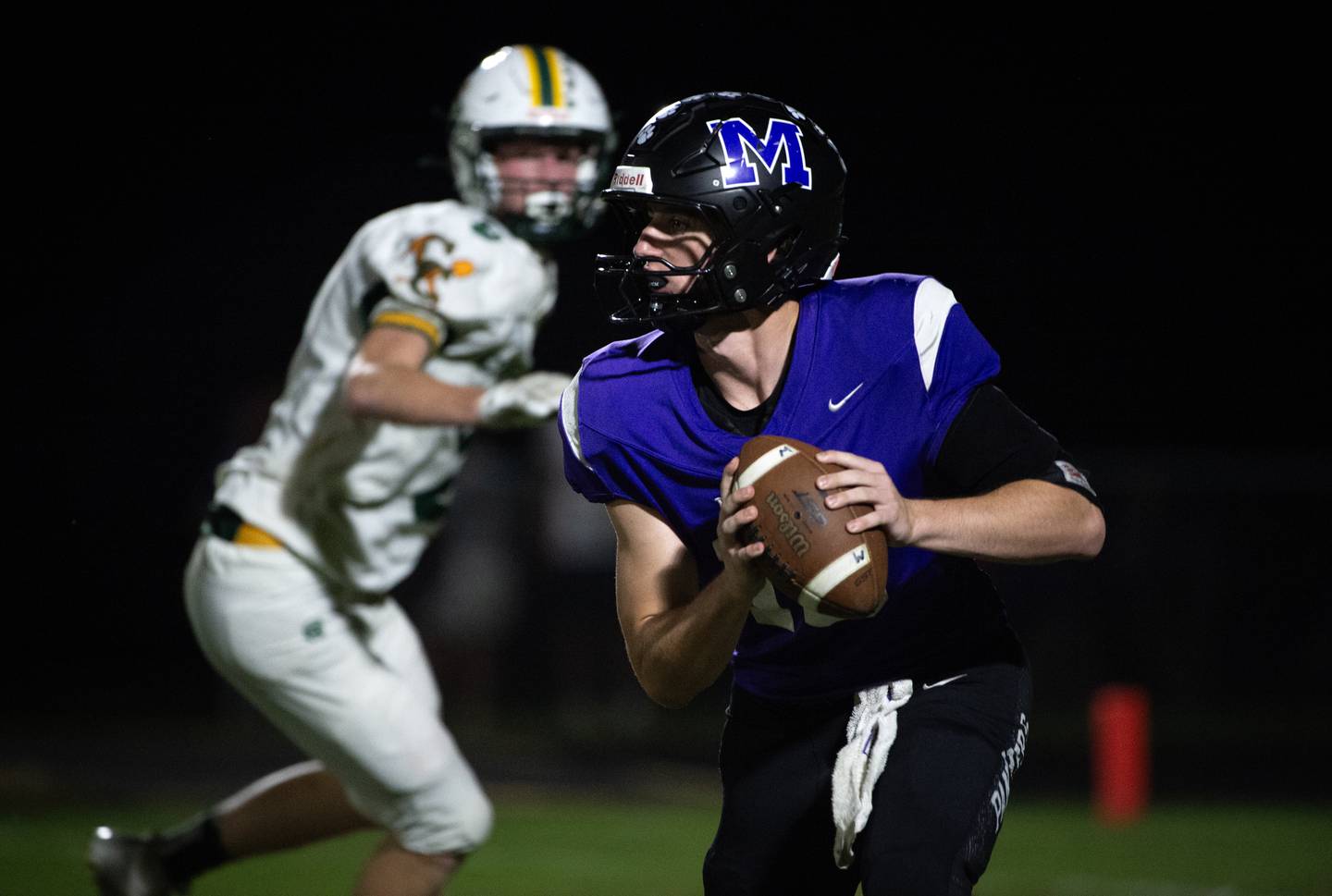 Manteno's Connor Harrod looks for an open man in a game against Coal City on Friday, October 3, 2025.