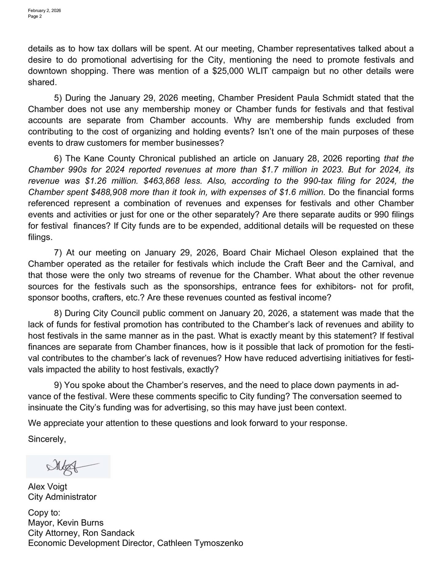 A letter from Geneva City Administrator Alex Voigt to Geneva Chamber of Commerce Board President Michael Olesen, detailing the city's concerns with the chamber's finances.