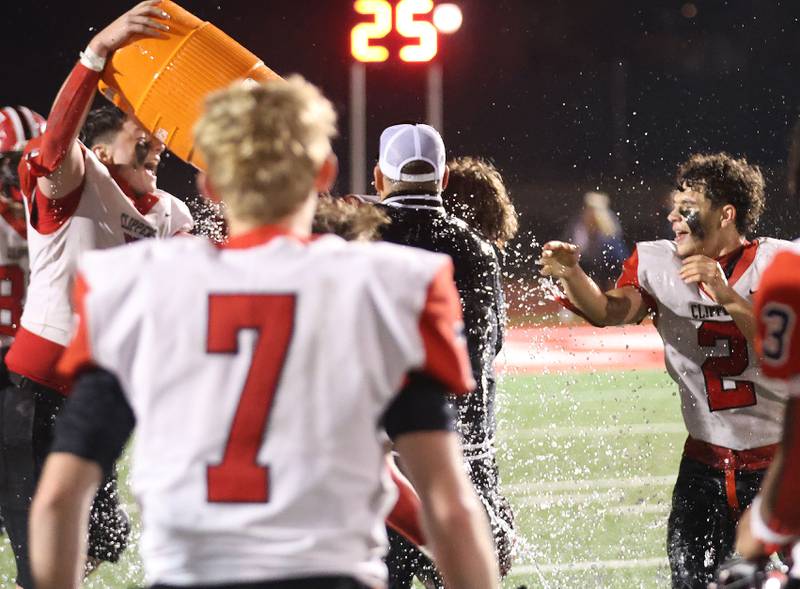 Amboy/LaMoille/Ohio head coach Scott Payne, has gatorade dumped on him after winning the 8-man I8FA championship game on Friday, Nov. 21, 2025 at April Zorn Memorial Stadium in Monmouth.