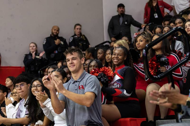 Students applaud at the surprise assembly during which Dr. Jaclyn Lennox, Bolingbrook High School’s assistant principal, was honored with the Milken Educator Award at Bolingbrook High School on Oct. 16, 2025.
